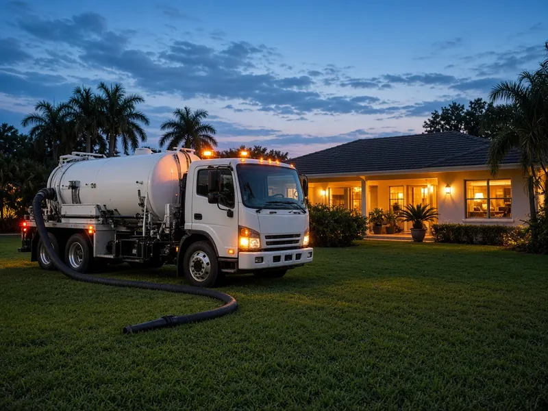 Vacuum septic truck with amber work lights at a Florida home at twilight