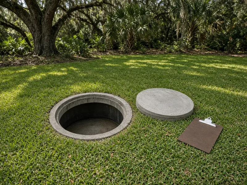 Open round concrete septic tank lid in a Florida lawn with a clipboard and flashlight beside it