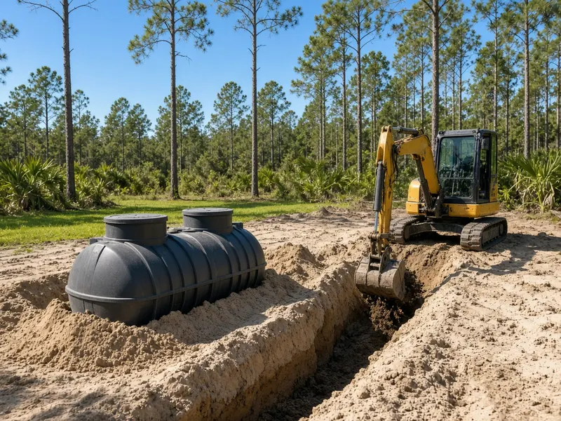 Small excavator digging a trench beside a new septic tank in sandy Florida soil