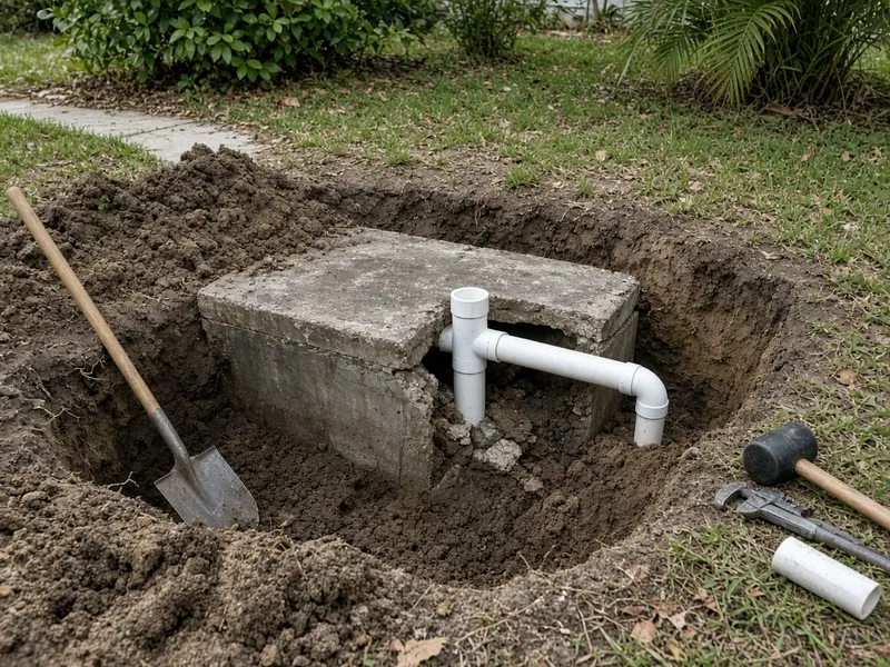 Excavated concrete septic tank top with a new white PVC outlet pipe and tools beside it